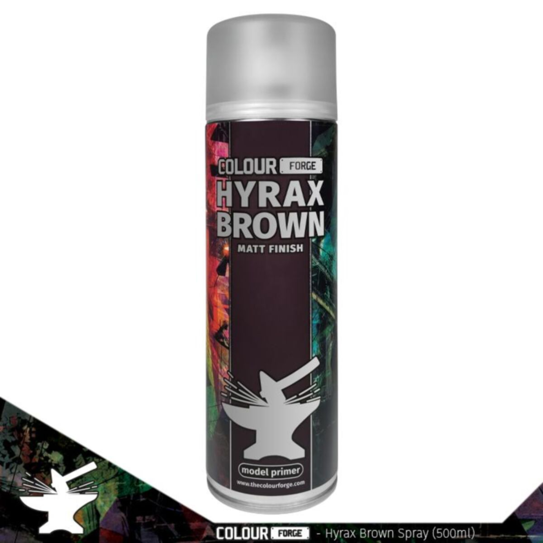 A professional 500ml aerosol can of Colour Forge Hyrax Brown Spray Primer featuring a warm brown color-coded cap and clear hobby branding.