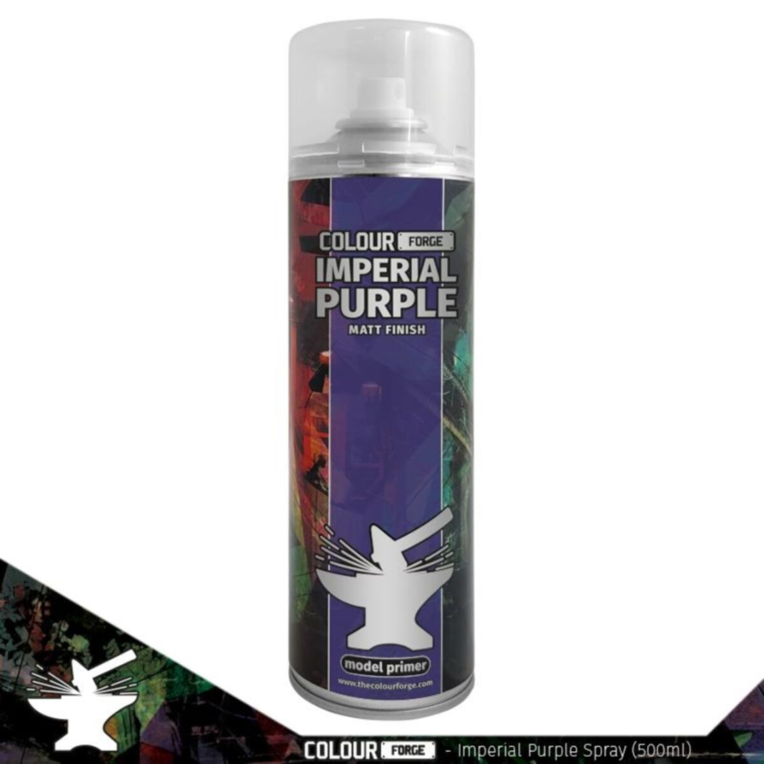 A 500ml aerosol can of Colour Forge Imperial Purple Spray Primer featuring a rich purple color-coded cap and professional hobby branding.