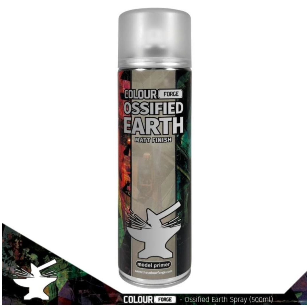 A professional 500ml aerosol can of Colour Forge Ossified Earth Spray Primer featuring a warm bone-colored cap and clear hobby branding.
