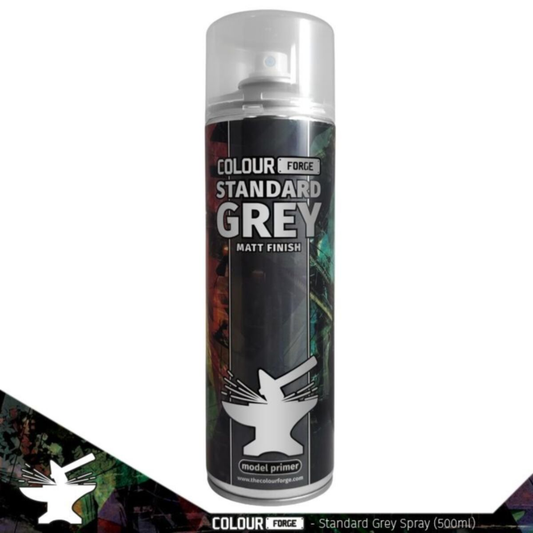 A professional 500ml aerosol can of Colour Forge Standard Grey Spray Primer featuring a grey color-coded cap and clear branding.