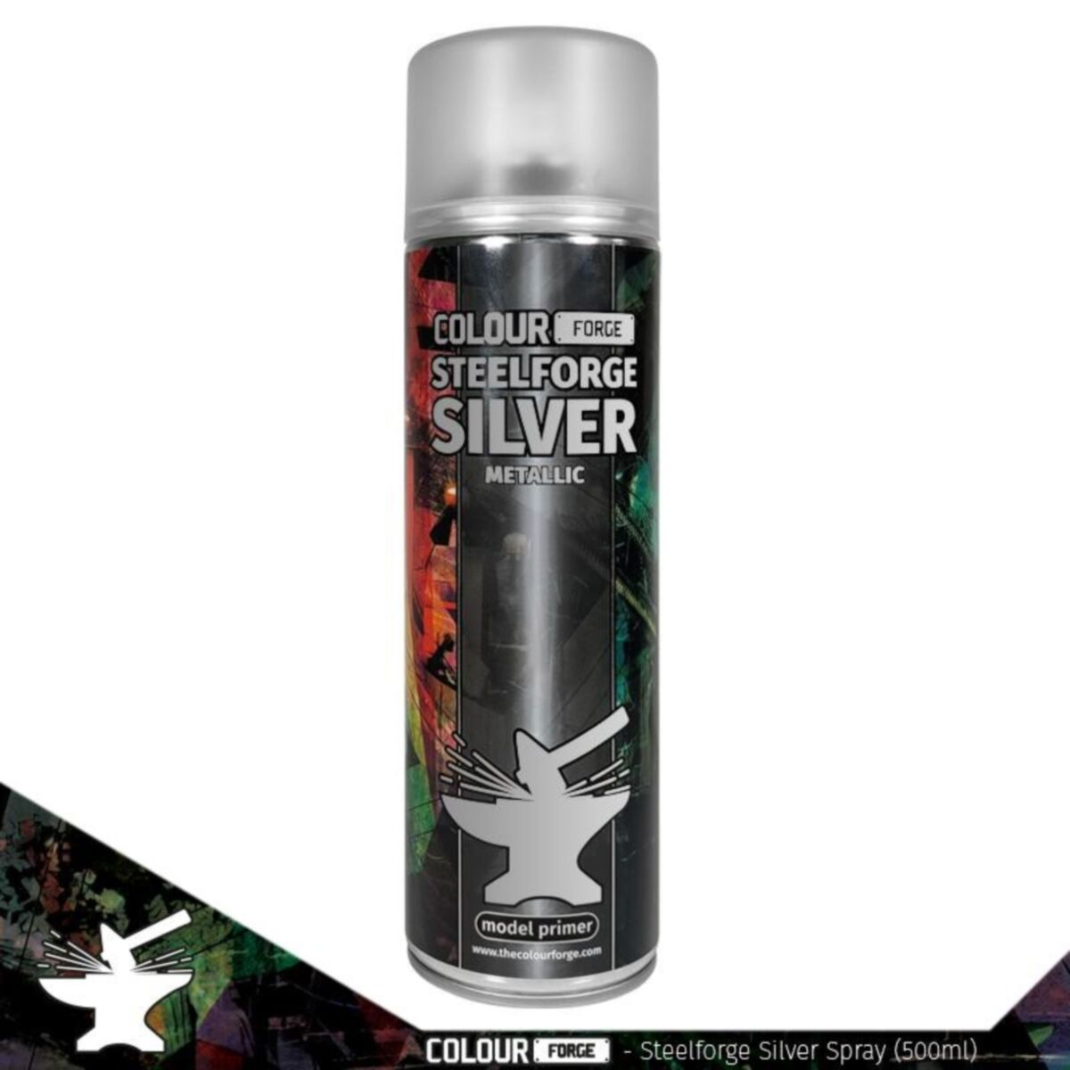 A 500ml aerosol can of Colour Forge Steelforge Silver Spray Primer with a shiny metallic color-coded cap and professional hobby branding.