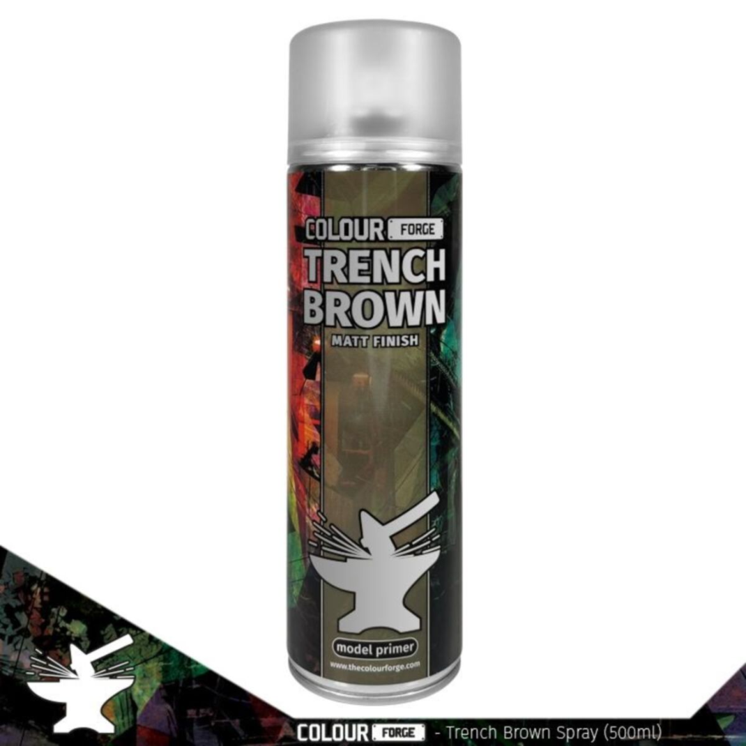 A professional 500ml aerosol can of Colour Forge Trench Brown Spray Primer featuring a deep brown color-coded cap and clear hobby branding.