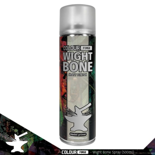 A 500ml tall aerosol can of Colour Forge Wight Bone Spray Primer with an off-white color-coded cap and professional branding.