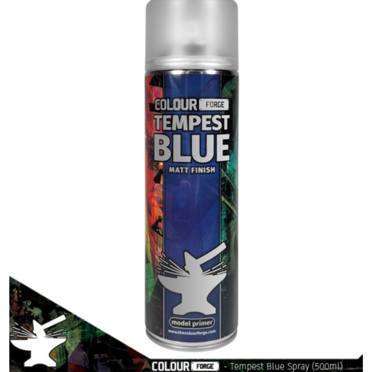 A large 500ml aerosol can of Colour Forge Tempest Blue spray primer featuring a navy blue cap and a professional matte black label.