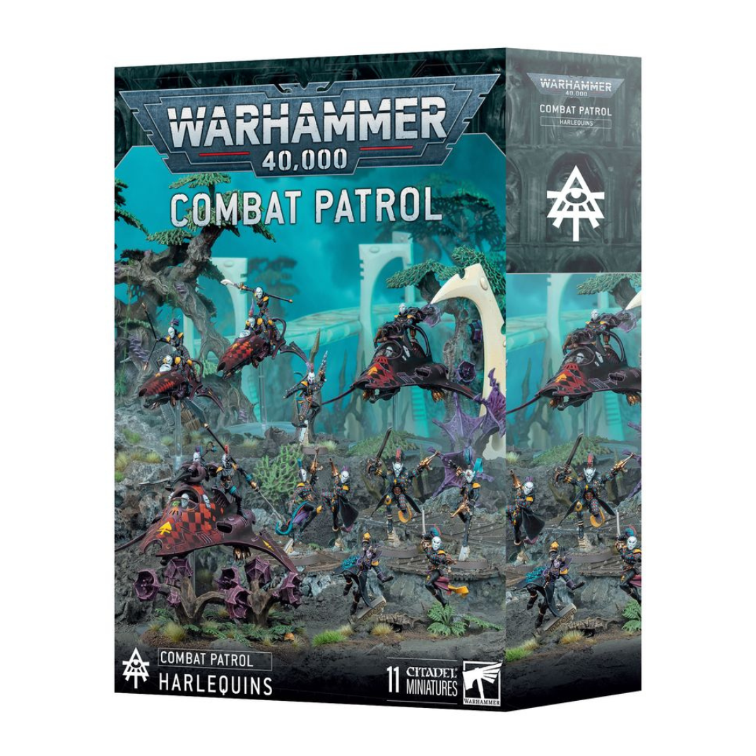 Combat Patrol: Harlequins 2025 box front showing Harlequin Troupe, Skyweavers, Starweaver/Voidweaver and Solitaire