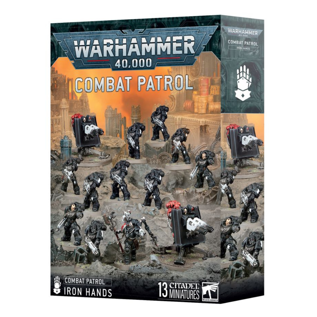 Combat Patrol Iron Hands 2025 box front showing Techmarine, Heavy Intercessors and Firestrike Servo-turrets