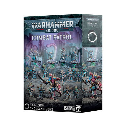 Warhammer 40,000 Combat Patrol – Thousand Sons (2025 Edition) box set featuring Daemon Prince, Tzaangor Shaman, Tzaangor Enlightened, and Rubric Marines miniatures