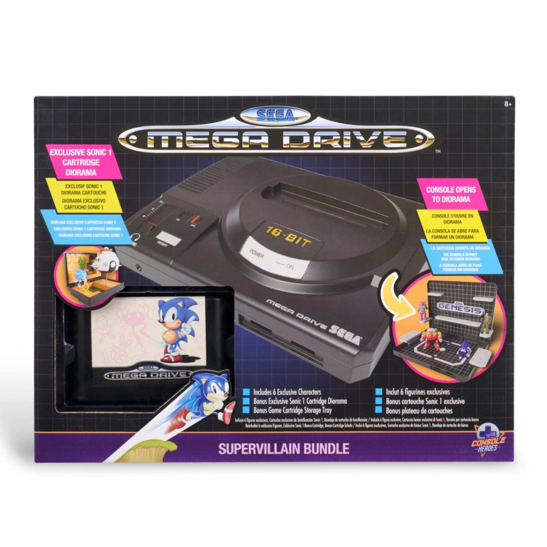 Console Heroes: Sega Mega Drive Display Console Supervillain Boss Bundle, shown open to display the included figures (Mecha Sonic, Mecha Robotnik, Mr. X, Death Bringer) and the exclusive Sonic the Hedgehog 1 diorama cartridge.
