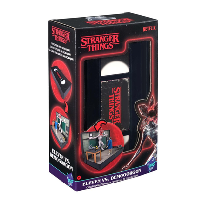 Console Heroes Stranger Things VHS Diorama: Eleven vs. Demogorgon. The collectible is encased in a plastic VHS tape shell, revealing a detailed miniature diorama scene inside the cassette.