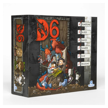 The D6: Dungeons, Dudes, Dames, Danger, Dice and Dragons! game box featuring a vibrant, cartoonish illustration of a warrior, a mage, and a dragon in a chaotic dungeon.