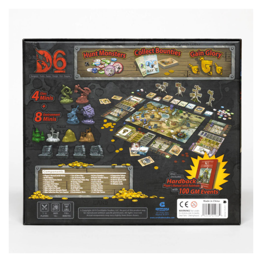 The D6: Dungeons, Dudes, Dames, Danger, Dice and Dragons! game box featuring a vibrant, cartoonish illustration of a warrior, a mage, and a dragon in a chaotic dungeon.