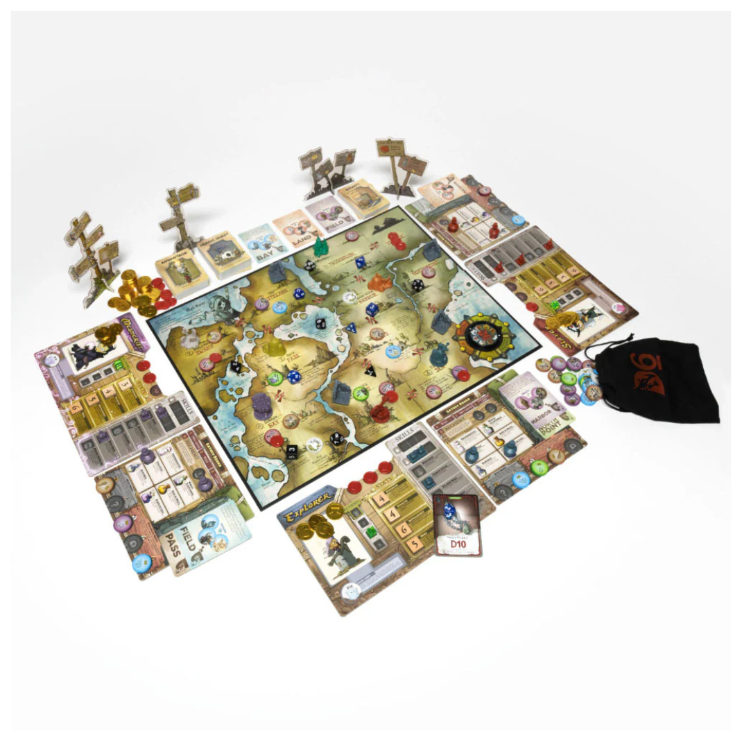 The D6: Dungeons, Dudes, Dames, Danger, Dice and Dragons! game box featuring a vibrant, cartoonish illustration of a warrior, a mage, and a dragon in a chaotic dungeon.