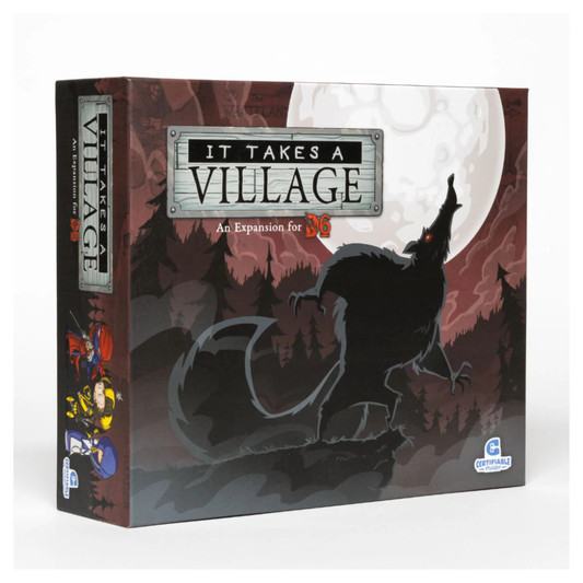 The D6: It Takes A Village expansion box, showing the new hero boards for the Bard and Werewolf alongside the specialized card carts and coin tray.