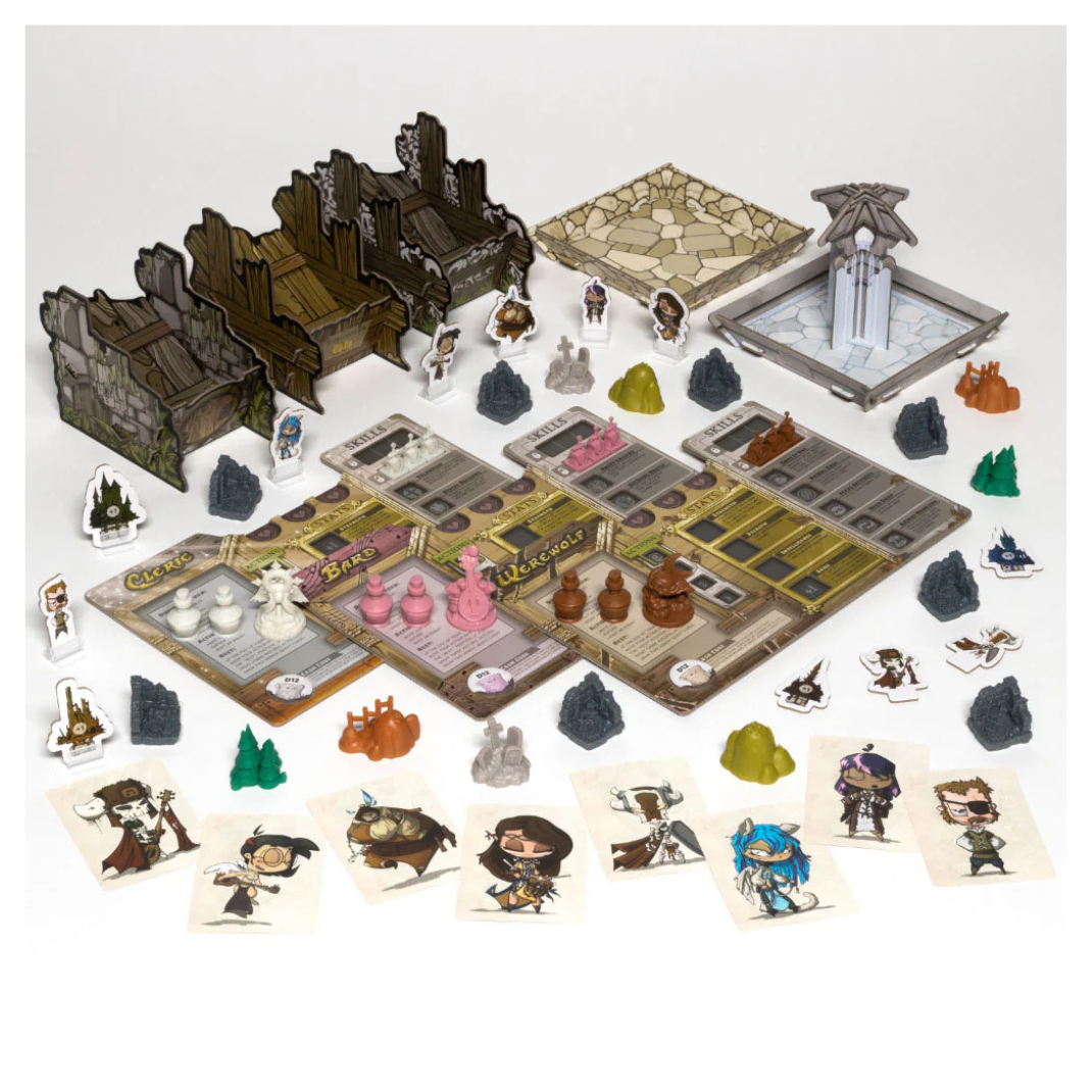 The D6: It Takes A Village expansion box, showing the new hero boards for the Bard and Werewolf alongside the specialized card carts and coin tray.