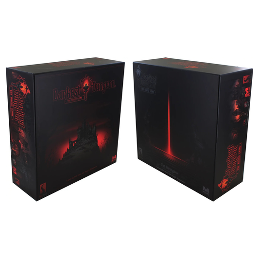 Darkest Dungeon: The Board Game Core Box and Minis Box showing the gothic art style and several high-detail miniatures of heroes and eldritch monsters.
