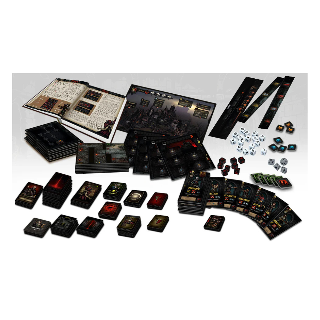 Darkest Dungeon: The Board Game Core Box and Minis Box showing the gothic art style and several high-detail miniatures of heroes and eldritch monsters.