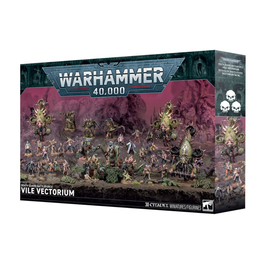 The Death Guard Battleforce: Vile Vectorium box set featuring Lord Felthius leading a force of Terminators, Bloat-drones, and a horde of Poxwalkers.
