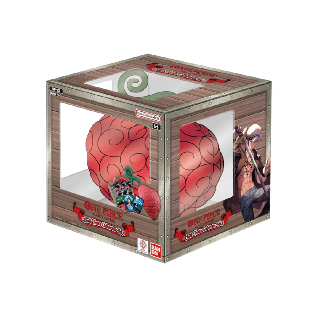 One Piece Card Game Devil Fruits Collection Vol. 3 [DF-03] box packaging showing the sleeves, DON!! card, and OP-12 booster packs.