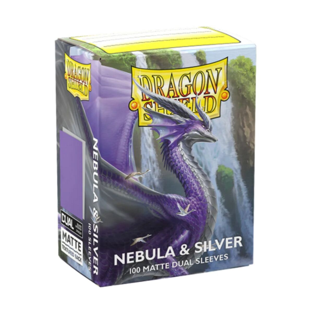 Box of Dragon Shield Matte Dual Nebula and Silver sleeves showing the 100-count branding and deep purple color.