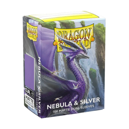 Box of Dragon Shield Matte Dual Nebula and Silver sleeves showing the 100-count branding and deep purple color.