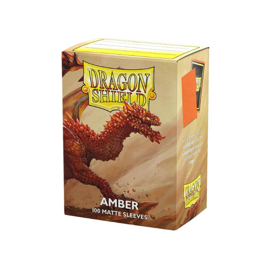 Dragon Shield Amber Matte Sleeves – 100-count pack of standard-sized card sleeves with textured matte finish.