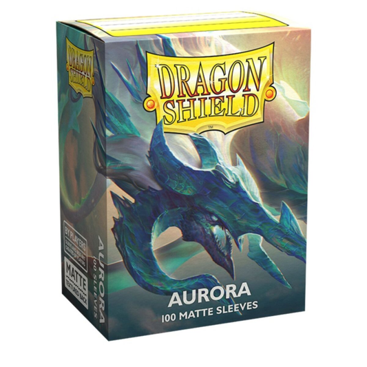 A box of 100 Dragon Shield Matte Aurora standard size card sleeves showing the vibrant turquoise textured back and fan-designed packaging.