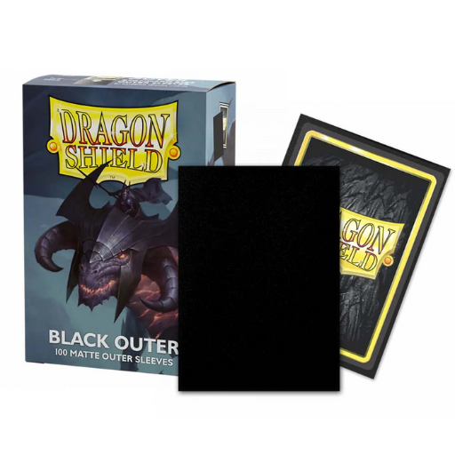 A box of 100 Dragon Shield Matte Black Outer Sleeves showing the textured black back and clear front, designed for triple-sleeving standard size cards.