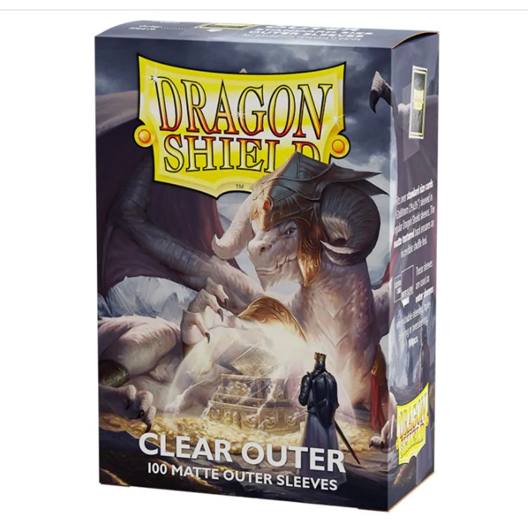A pack of 100 Dragon Shield Matte Clear Outer Sleeves designed to be used over standard size card sleeves for double-sleeving protection.