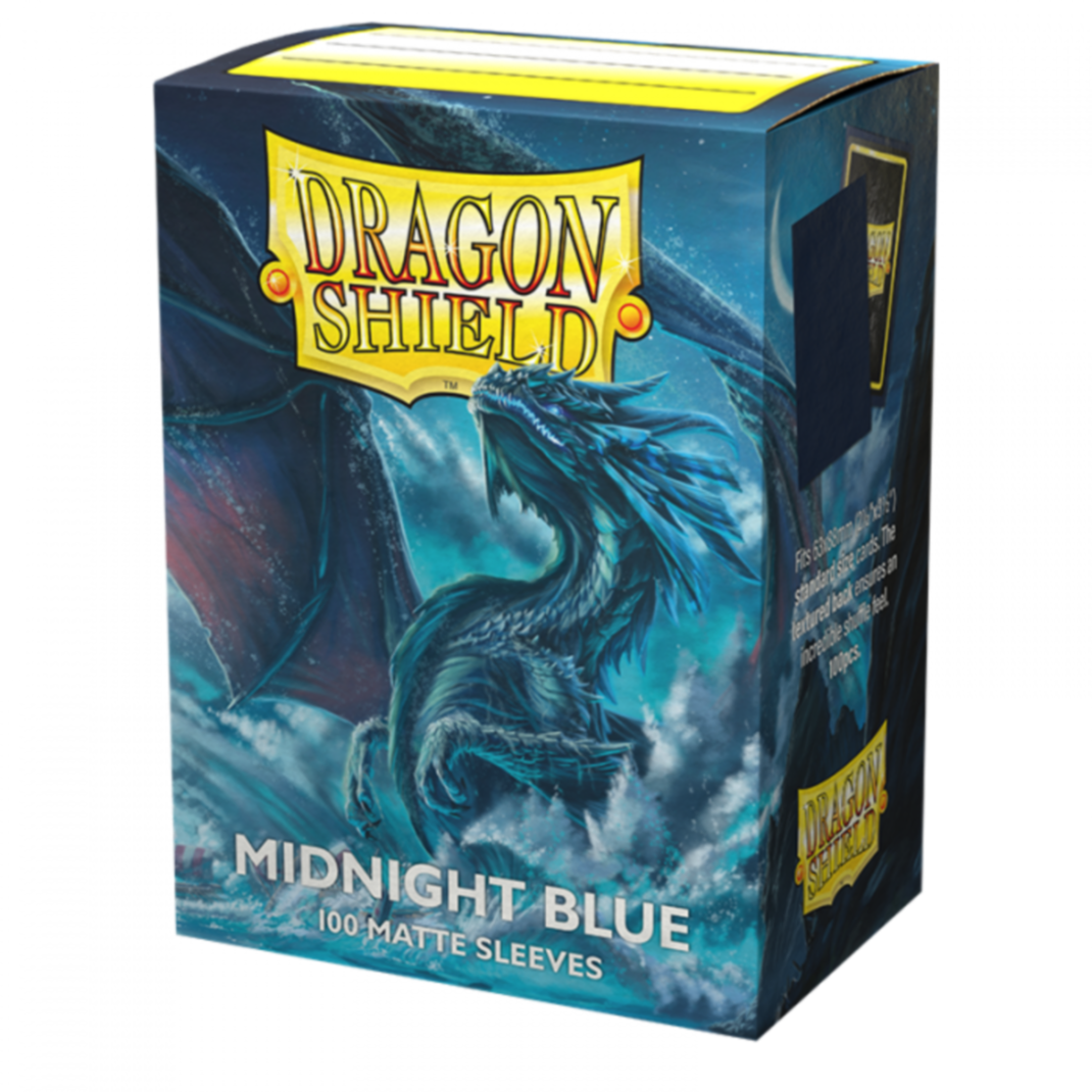 A box of 100 Dragon Shield Matte Midnight Blue standard size card sleeves showing the deep navy textured matte back and clear front.