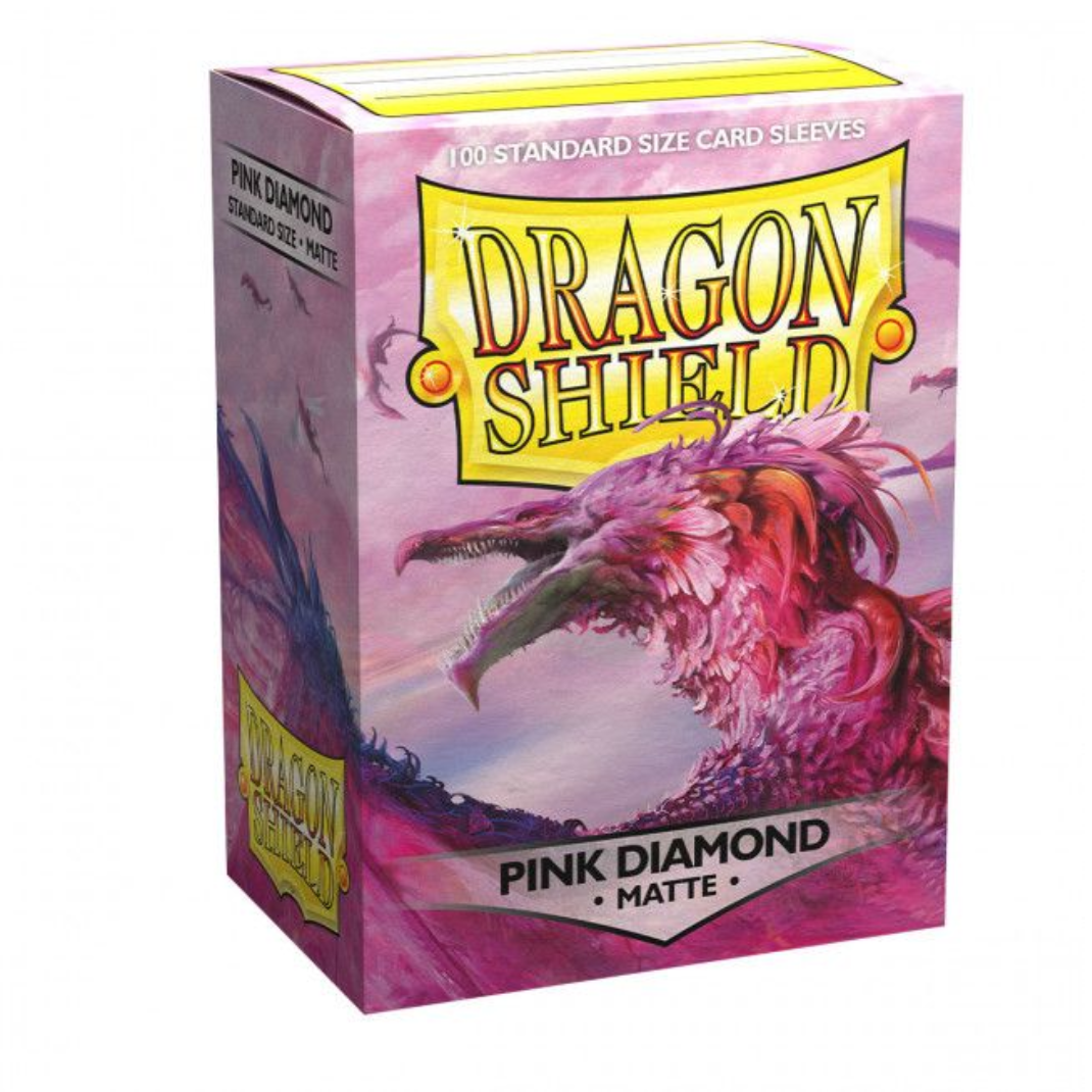 A box of 100 Dragon Shield Matte Pink Diamond standard size card sleeves showing the shimmering, metallic pink textured back and clear front.