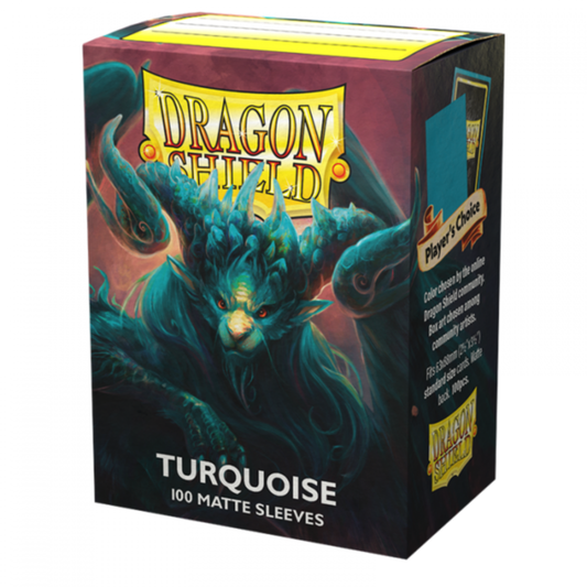 A box of 100 Dragon Shield Matte Turquoise standard size card sleeves showing the vibrant blue-green textured matte back and clear front.