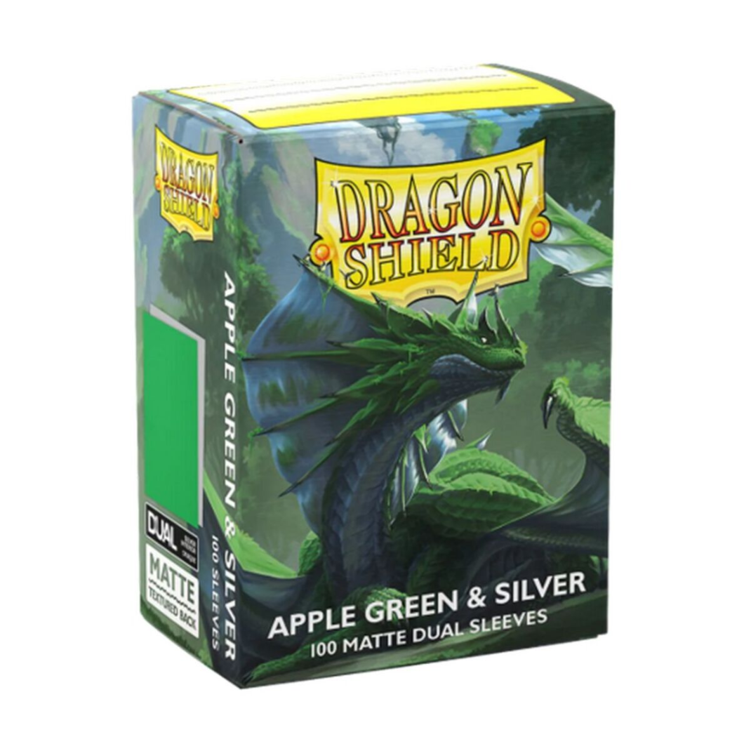 Box of Dragon Shield Matte Dual Apple Green and Silver sleeves displaying the 100-count branding.