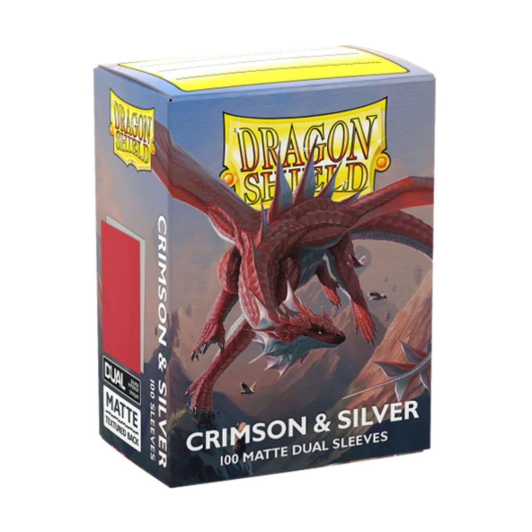Box of Dragon Shield Matte Dual Crimson and Silver sleeves showing the 100-count branding and red color.