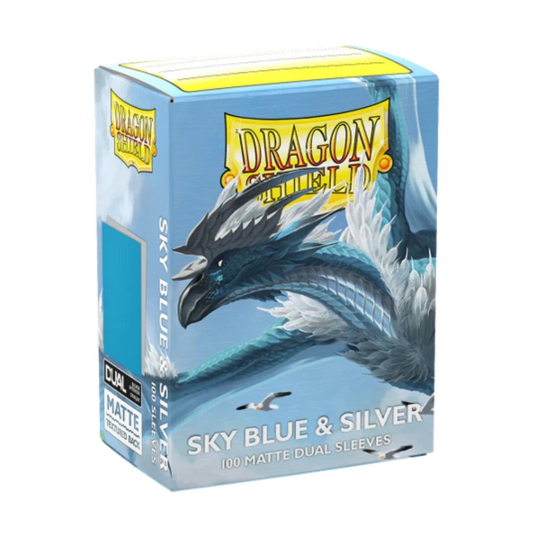 Box of Dragon Shield Matte Dual Sky Blue and Silver sleeves showing the vibrant blue color and 100-count branding.