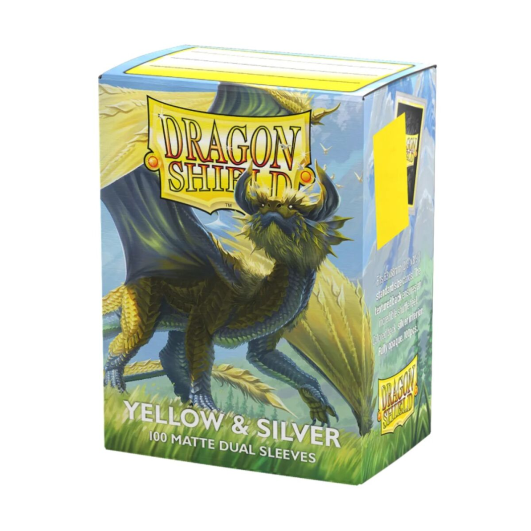 Box of Dragon Shield Matte Dual Yellow and Silver sleeves displaying the 100-count branding.