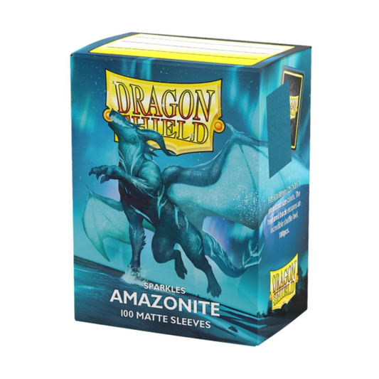 Dragon Shield Matte Sparkles Amazonite 100ct sleeve box showing the teal glitter finish.