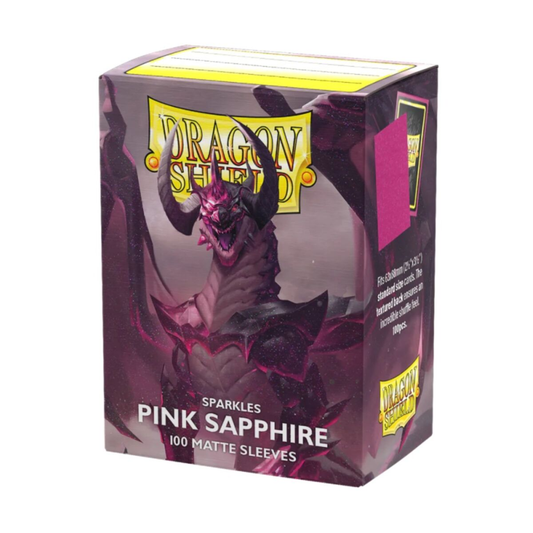 Dragon Shield Matte Sparkles Pink Sapphire 100ct sleeve box featuring the shimmering pink finish.
