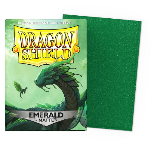 A box of 100 Dragon Shield Matte Emerald card sleeves for standard size TCGs, showing the rich green textured back and clear front.