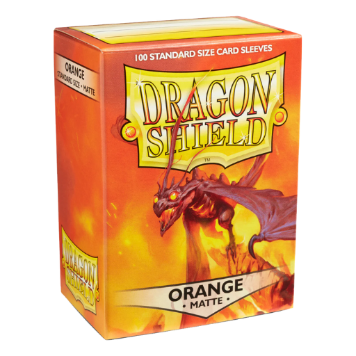 A box of 100 Dragon Shield Matte Orange card sleeves for standard size TCGs, showcasing the vibrant orange textured back and clear front.