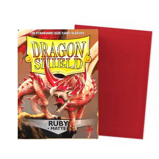 A box of 100 Dragon Shield Matte Ruby card sleeves for standard size TCGs, showcasing the deep red textured back and clear front.