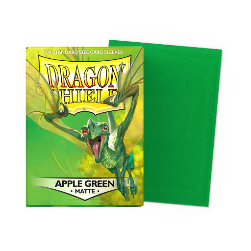 A box of 100 Dragon Shield Matte Apple Green card sleeves for standard size TCGs, showing the vibrant green textured back and clear front.