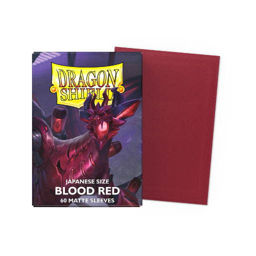 A box of 100 Dragon Shield Matte Blood Red card sleeves for standard size TCGs, showing the deep red textured back and clear front.