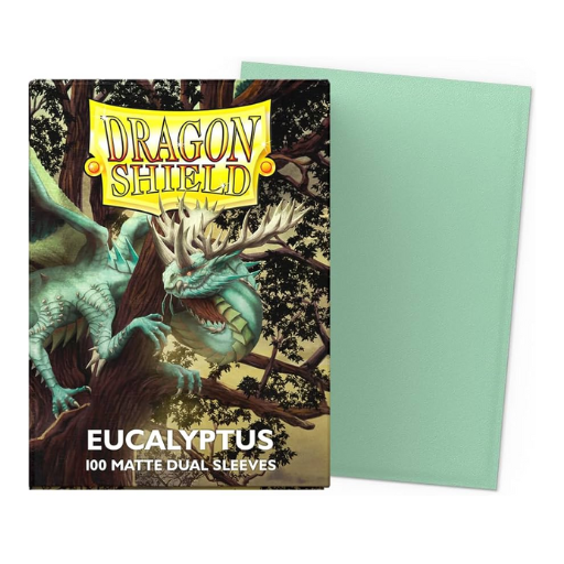 A box of 100 Dragon Shield Matte Dual Eucalyptus sleeves, showing the sage-green textured exterior and the signature black interior.