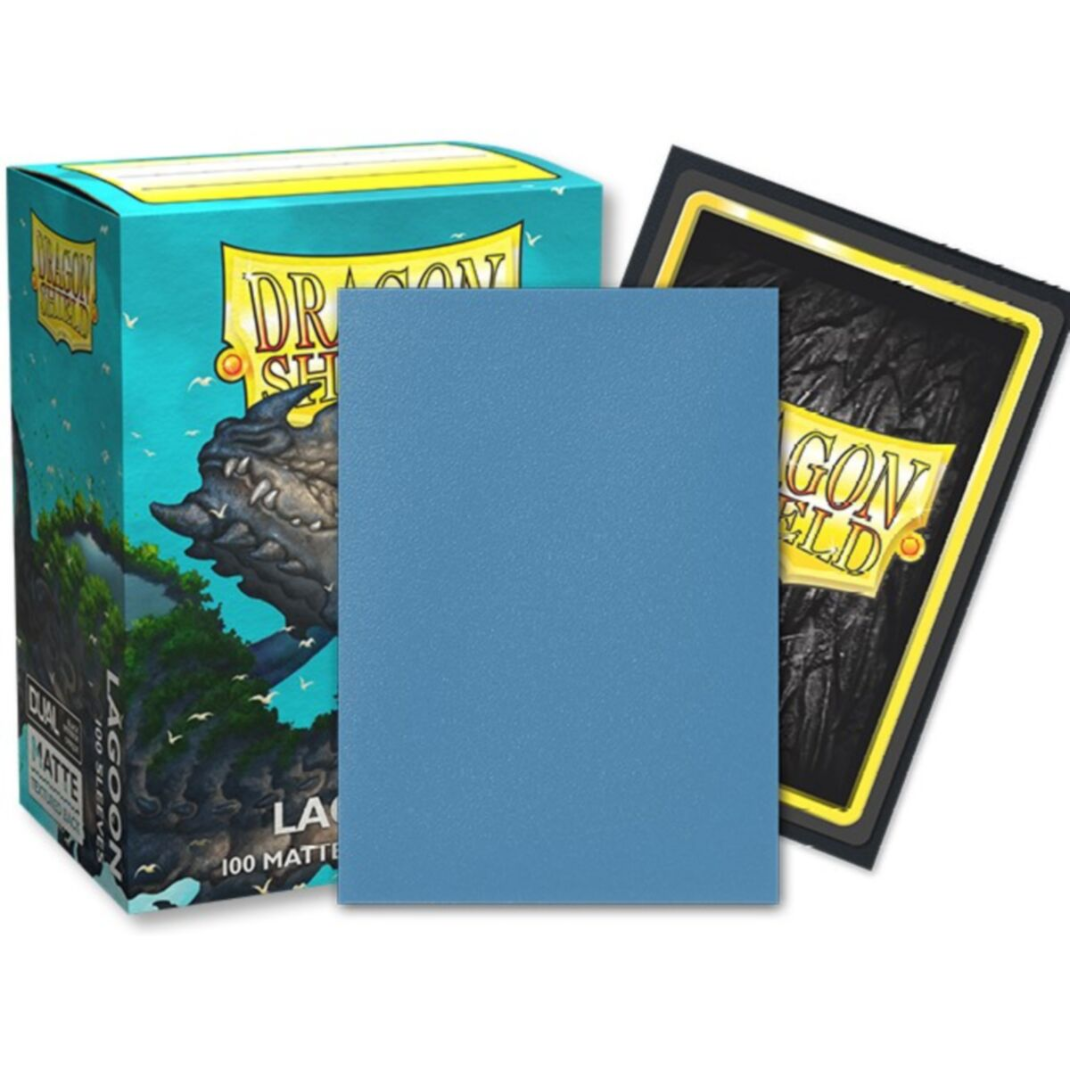 A 100-count box of Dragon Shield Lagoon Matte Dual Sleeves (AT15048) showcasing the textured blue matte back and the opaque black interior frame.
