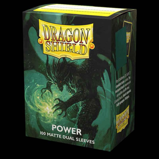 A 100-count box of Dragon Shield Power Matte Sleeves (AT15063) showing the textured yellow-gold back and a standard-size card being protected.