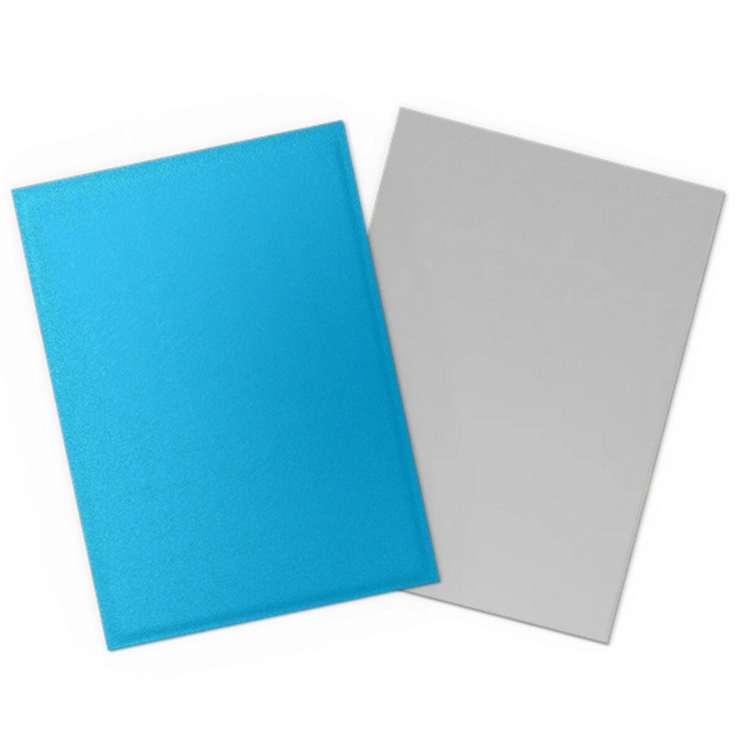 A close-up of a standard-sized card sleeved in a Matte Dual Sky Blue sleeve, demonstrating the opaque silver interior.