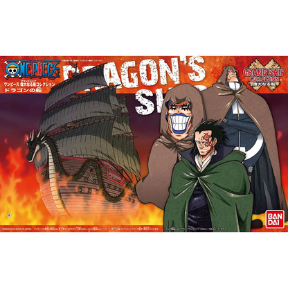 Official box art packaging for the One Piece Grand Ship Collection Dragon's Ship model kit showing the dark Revolutionary Army vessel sailing through roaring ocean waves.