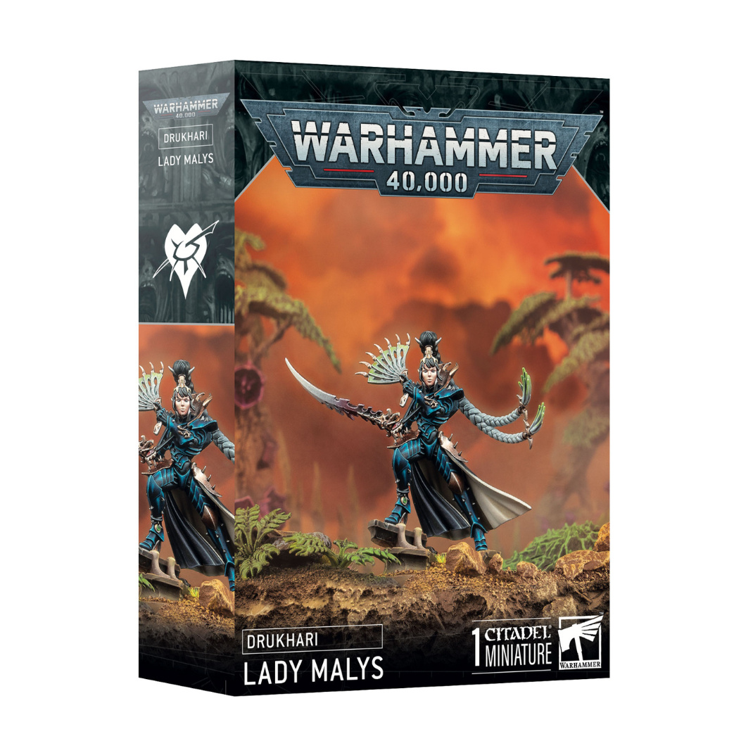 Warhammer 40,000 Drukhari Lady Malys miniature figure packaging on a white background