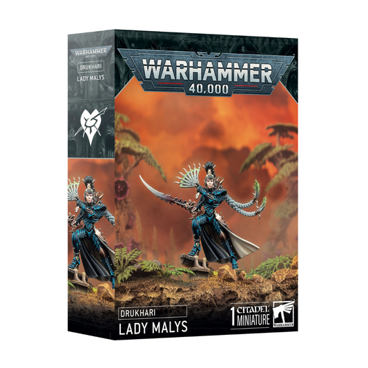Warhammer 40,000 Drukhari Lady Malys miniature figure packaging on a white background
