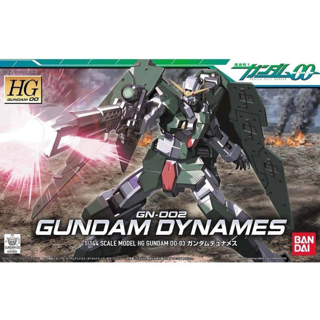 Official box art packaging for the HG 1/144 Gundam Dynames model kit displaying the green sniper mecha taking aim through a targeting reticle.